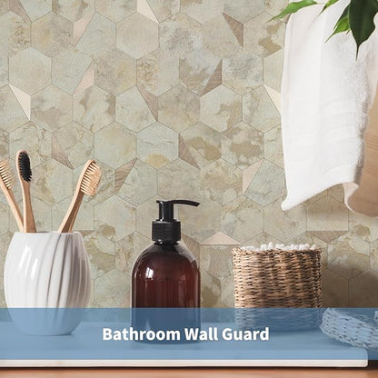 20 Sheets Hexagon Peel and Stick Backsplash for Kitchen Wall, Heat Resistant Stick on Backsplash PVC Smart Tiles, 12'' Ecru Beige Stone Waterproof Peel and Stick Tile for Bathroom