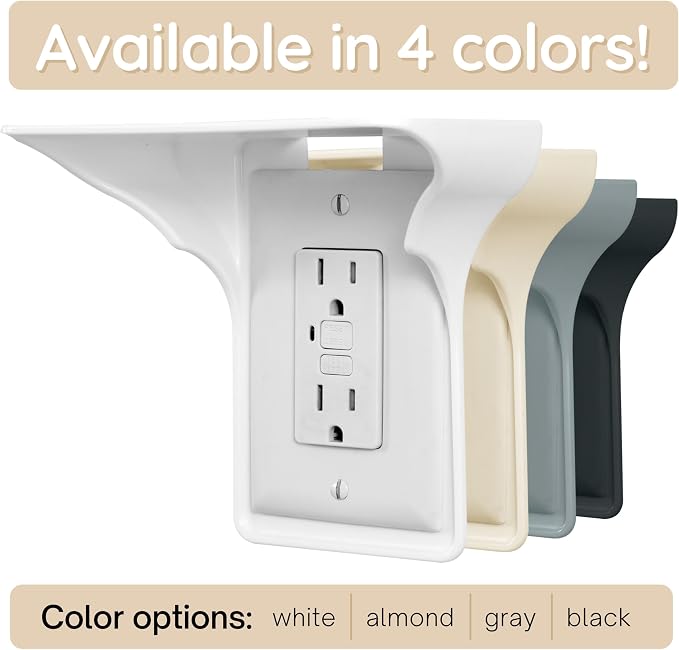 Power Perch Double Outlet Shelf Organizer for Alexa Echo Dot Speakers, Phone - Wall Outlet Holder with Cord Storage Strap - Socket Shelf Bathroom Kitchen Counter Charging Station - Black 2 Pack