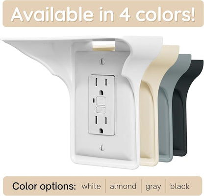 Power Perch Double Outlet Shelf Organizer for Alexa Echo Dot Speakers, Phone - Wall Outlet Holder with Cord Storage Strap - Socket Shelf Bathroom Kitchen Counter Charging Station - Black 1 Pack