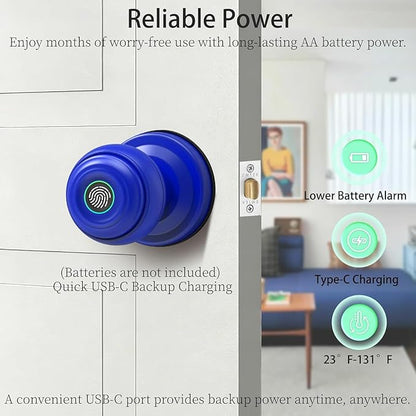 UMIKSMART Fingerprint Door Knob Lock, Smart Keyless Entry Door Knob with Tuya App Control & Auto-Lock, Backup Key, Easy Install for Home, Apartment, Office, Blue