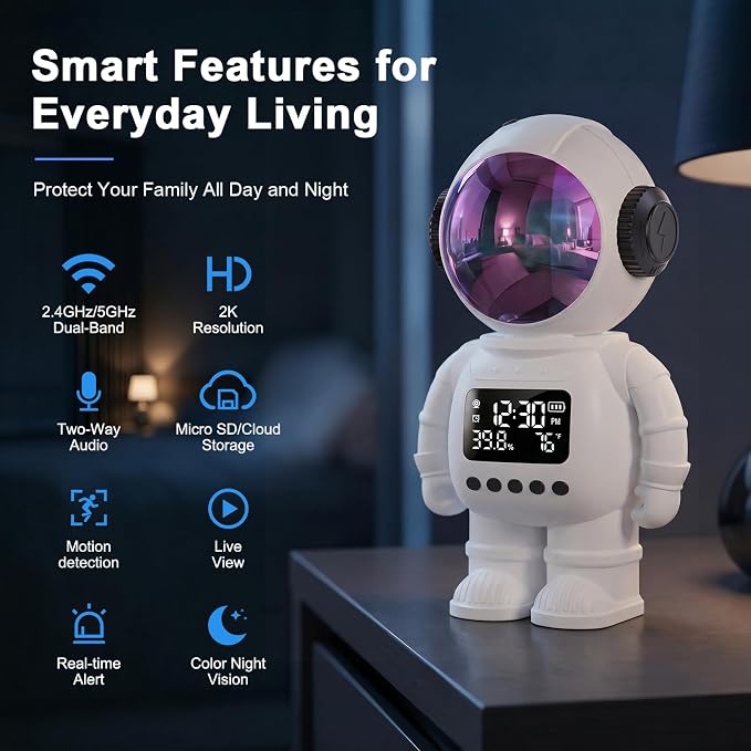 2K Clock Indoor Camera, 2.4G/5G WiFi Cameras for Home Security with Temperature & Humidity Display, 2-Way Audio, AI Motion Detection, Color Night Vision, Baby Monitor & Pet Camera (White)