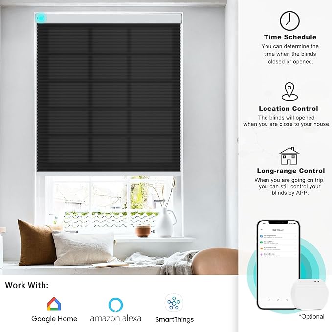 Changshade Motorized Cellular Shades Remote Control Light Filtering for Indoor Windows, Custom Size Smart Honeycomb Blinds Electric Automatic Solar Panel Compatible with Alexa, Google Home, Black