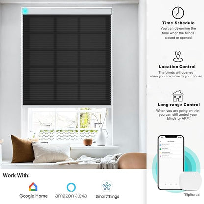 Changshade Motorized Cellular Shades Remote Control Light Filtering for Indoor Windows, Custom Size Smart Honeycomb Blinds Electric Automatic Solar Panel Compatible with Alexa, Google Home, Black