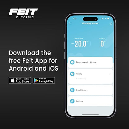 Feit Electric Smart Indoor WiFi Temperature and Humidity Sensor for Precision Environment Control, Wireless, Digital Remote App Control, Get Notification Alerts and No Hub Required - Temp/WiFi