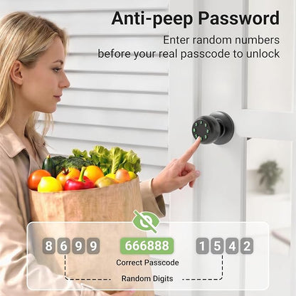 Smart Keypad Door Knob, Keyless Entry Door Lock with Auto Lock and Low Battery Alert, 50 User Codes, Easy Installation, Matte Black, for Front Door Bedroom Office Apartment
