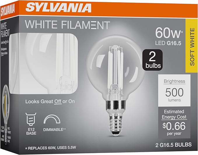 Sylvania G16.5 Clear Globe LED White Filament Bulb, 5.5W, Dimmable, 500 LMS, Candelabra Base, 2700K, Soft White - 2 Pack (42245)