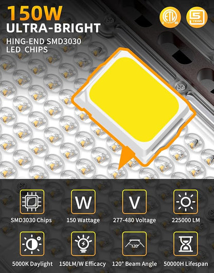 6 Pack 480V LED Parking Lot Light 150W 22500LM ETL Listed Flood Lights Adjustable Slip Fit Mount 5000K IP65 Commercial Security Area Light AC277-480V for Street Roadway