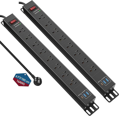 2 Packs 8 Outlet Heavy Duty Power Strip with USB PD 20W, BTU Surge Protector 6FT Cord Long Power Strip with USB A & USB C, Wide Spaced and Wall Mount Metal Powerstrip for Home Office Garage Workshop