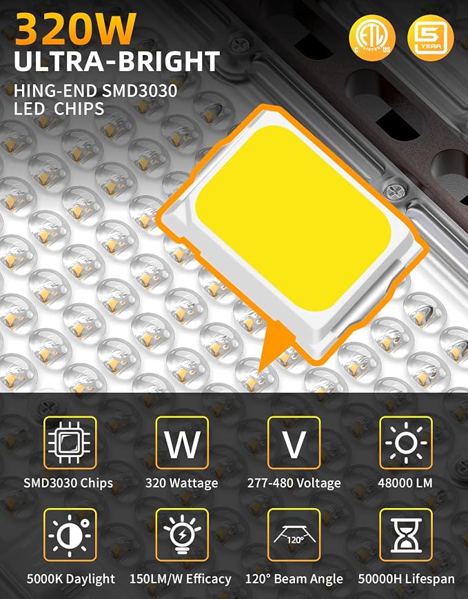3 Pack 480V LED Parking Lot Light 320W/256W/192W 48000LM LED Shoebox Light with Photocell ETL Listed Flood Lights Arm & Slip Fit Mount 5000K IP65 AC277-480V for Street Roadway