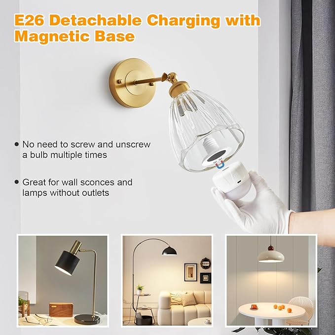 Rechargeable Light Bulbs with Remote, 2000mAh Magnetic Battery Powered E26 LED Bulb with Timer for Lamps/Sconces/Outdoor Camping, 3 Color Temperatures & 12 RGB Colors, Non-Hardwired, 1 Pack