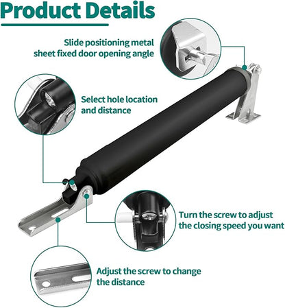 2 PCS Screen and Storm Door Closer Kit, Heavy Duty Pneumatic Screen and Storm Door Closer, Screen and Storm Door Push Button Latch Set Replacement Kit, Adjust Smooth Closing Speed (Black)