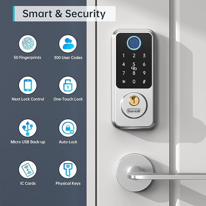 Hornbill Smart Door Lock with Keypad, Keyless Entry Home with Your Smartphone, Bluetooth Smart Deadbolt Door Lock Works with APP Control, Code and eKey, Auto Lock for Home Hotel Apartment Silver