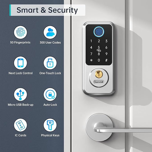 Hornbill Smart Door Lock with Keypad, Keyless Entry Home with Your Smartphone, Bluetooth Smart Deadbolt Door Lock Works with APP Control, Code and eKey, Auto Lock for Home Hotel Apartment Silver
