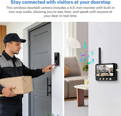 Wireless Doorbell Camera Video Monitor with Display 4.5" Screen Indoor Visual Base Station, Two Way Talk, Smart AI Motion Detection, Night Vision, Cloud Storage.