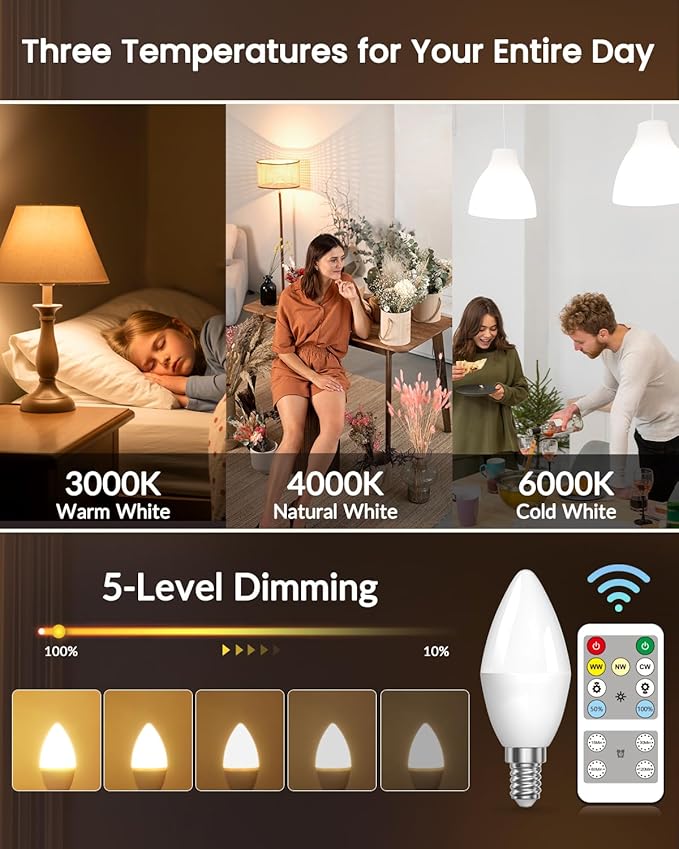 Lustaled 4W E12 LED Candelabra Light Bulbs with Remote Control, Dimmable B11/C37 Candle Bulb 40 Watt Equivalent, 3 Color Temperature & Timer 120V for Chandeliers, Ceiling Fans, Night Lamps