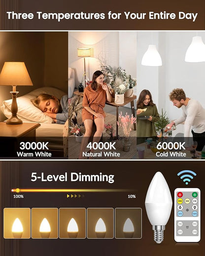 Lustaled 4W E12 LED Candelabra Light Bulbs with Remote Control, Dimmable B11/C37 Candle Bulb 40 Watt Equivalent, 3 Color Temperature & Timer 120V for Chandeliers, Ceiling Fans, Night Lamps
