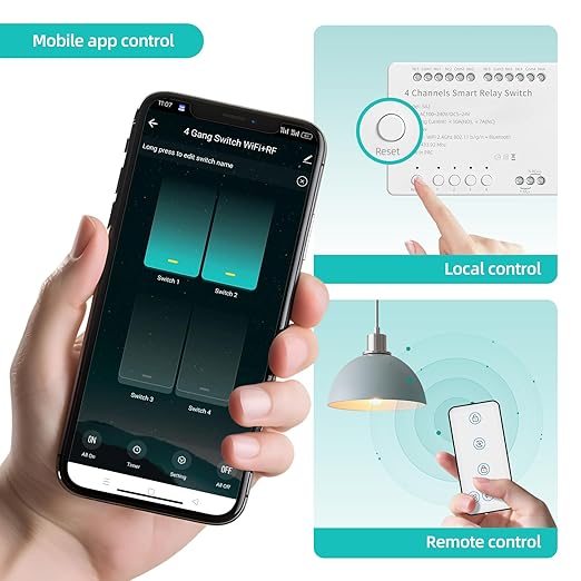 4 Channels Smart Relay Switch with Dry Contact, WiFi Bluetooth APP Control Module for Lights/Appliances, Voice Automation with Alexa & Google Home, 10A per Channel, AC110V/DC5V 12V 24V Compatible