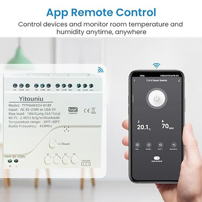4CH WiFi Tuya Smart 85-250V Temperature and Humidity Sensor, Remote APP Control and Monitoring Function, Voice Control, Smart Scene, Dry Contact Passive Output, Works with Alexa Google Home