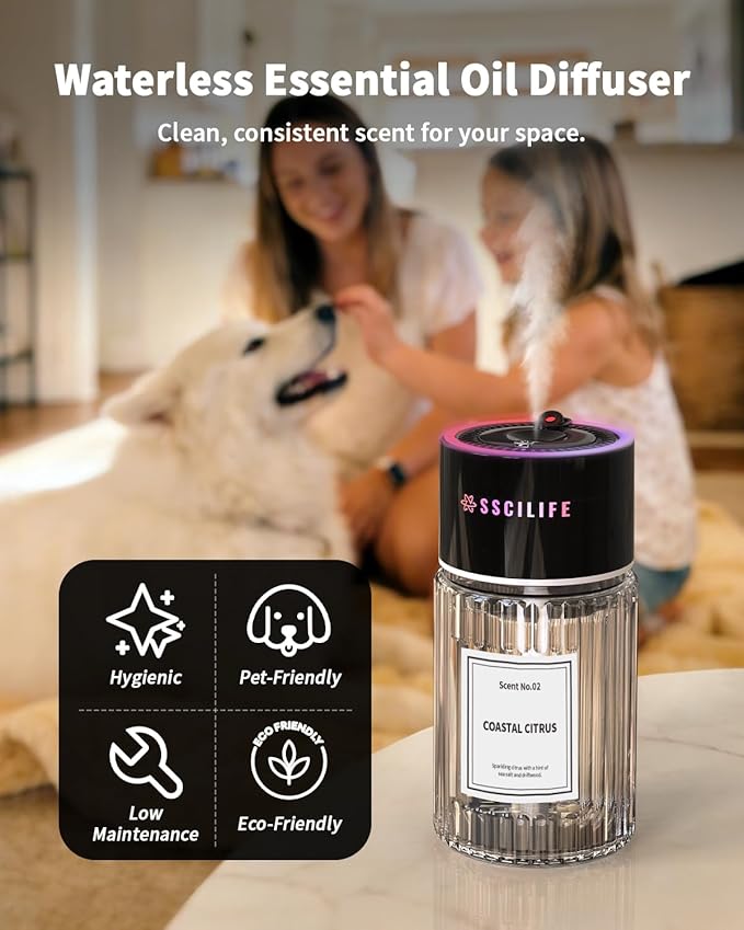 Smart Car Air Freshener with Auto Sensor, Car Aroma Diffuser with RGB Music Syncing Light & Starry Sky Projection, Up to 120 Day Use, 120ML Capacity, Scent: No.02-Coastal Citrus
