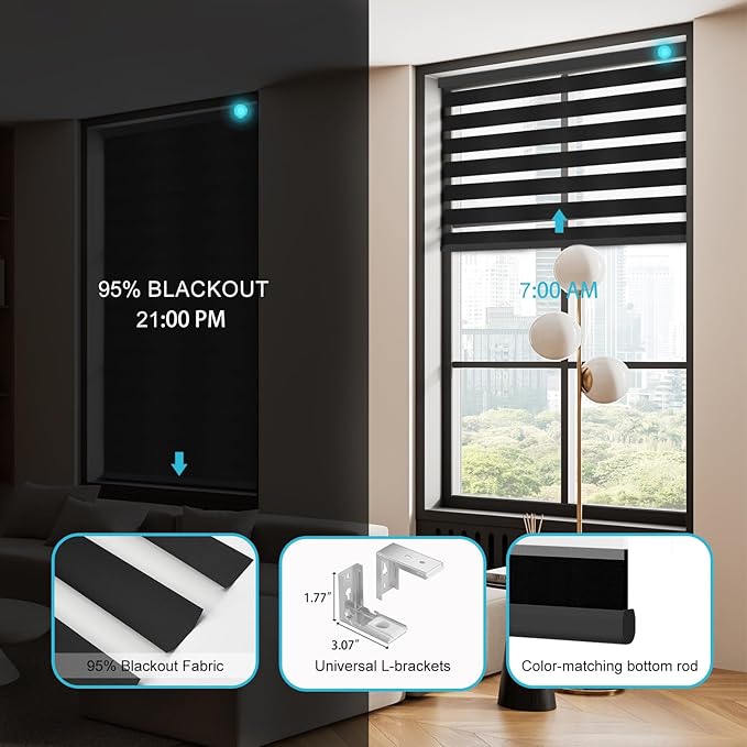 Motorized Zebra Blinds with Remote Smart Blind Work with Homekit Alexa SmartThings Electric Day and Night Shade Cordless Automatic Solar Powered Window Shade Customize(Pure Black)