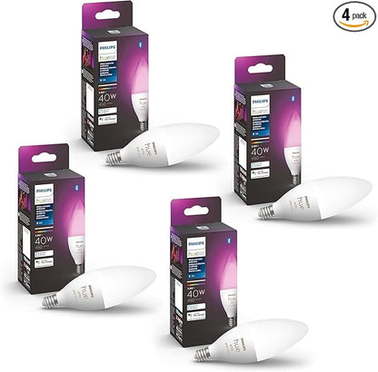Philips Hue Smart 40W B39 Candle-Shaped LED Bulb - White and Color Ambiance Color-Changing Light - 4 Pack - 450LM - E12 - Control with Hue App - Works with Alexa, Google Assistant and Apple Homekit