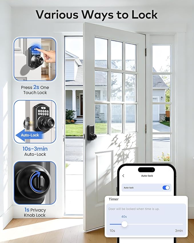 TEEHO TE018 Smart Door Knob with Keypad, App Control, Keyless Entry Digtal Door Lock with Handle, Remote Share One-Time Code, Auto Lock, Easy Installation for Front Door, Bedroom, Rental, Matte Black
