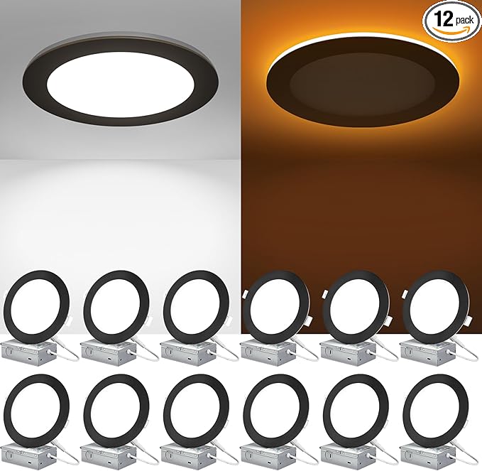 ZYC Recessed Lighting 6 Inch - 12W 1100LM LED Recessed Ceiling Light with Night Light,2700K/3000K/4000K/5000K/6000K Selectable Ultra-Thin Lighting,Dimmable Canless Wafer Downlight,Pack of 12（Black）.