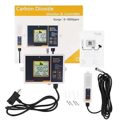 CO2 Controller Carbon Dioxide Controller with Auto Day and Night&Relay Function CO2 Monitor NDIR CO2 Sensor for Greenhouse, Grow Room, Grow Tent