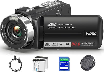 4K Camcorder Video Camera Ultra HD 80MP IR Night Vision Vlogging Camera for YouTube,18X Digital Zoom Camcorder 3.0" 270° Rotation IPS Screen Video Recorder with 32GB SD Card, Lens Cap and 2 Batteries