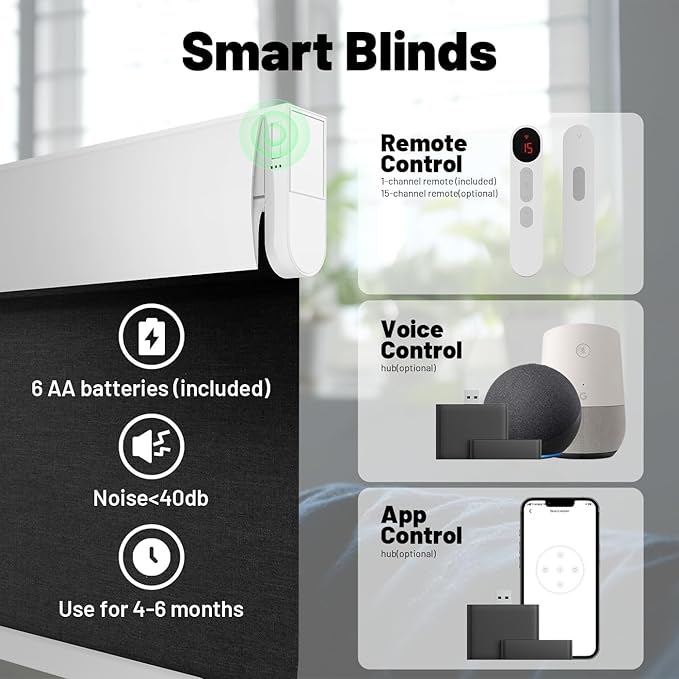 Motorized Blinds with Remote, Blackout No Drill Cordless Smart Roller Shades, Automatic Blinds for Windows, Black,32" W x 72" H