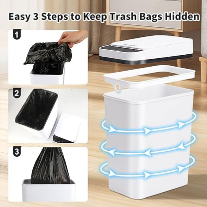 3 Pack Bathroom Trash Can with Lid, 2.5 Gallon Small Slim Trashcan, Automatic Trash Can Touchless, Motion Sensor Waterproof Plastic Trash Bin for Bedroom Kitchen Office Living Room (White)