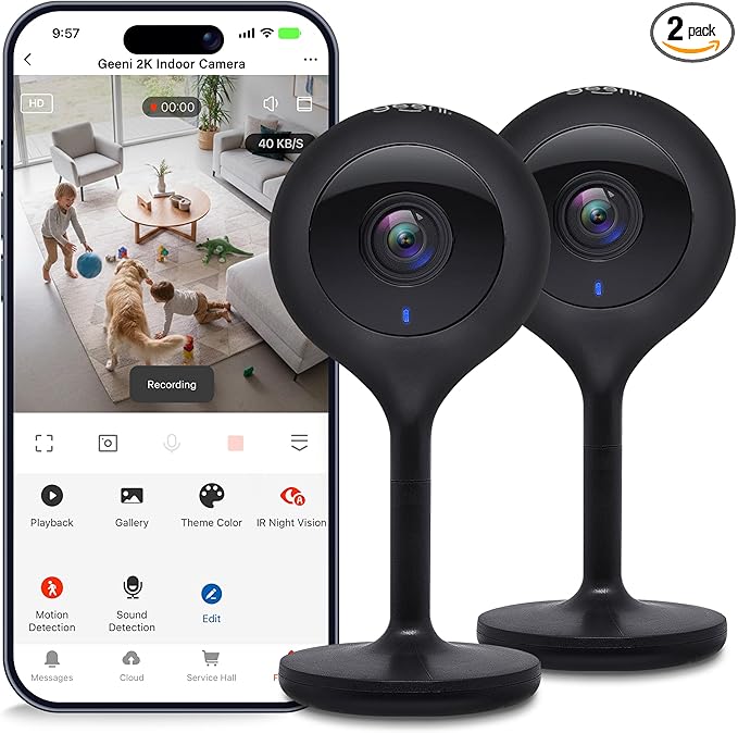 Geeni Look 2K 4MP Smart Indoor Security Camera 2-Pack – 1440p Ultra HD WiFi Pet & Baby Monitor with 2-Way Audio, Motion Detection Zones, 10m Night Vision, & USB-C Power