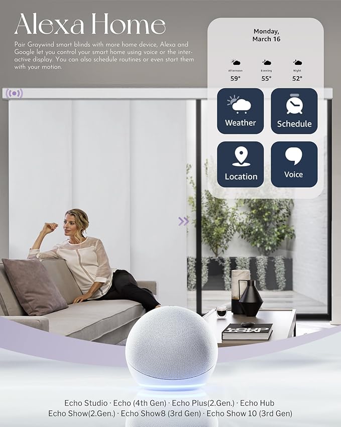Graywind Rechargeable Smart Sliding Panels Compatible with Alexa Google Motorized Panel Track Blinds Remote Control for Patio Sliding Door Closet Door Width Up to 177" Custom Size (Linen Beige)