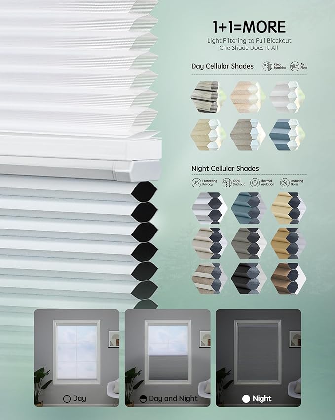 Yoolax Smart Motorized Day and Night Cellular Shades with Remote, Top Down Bottom Up Blinds Compatible with Alexa, Honeycomb Blinds (White Light Filtering+White Blackout)
