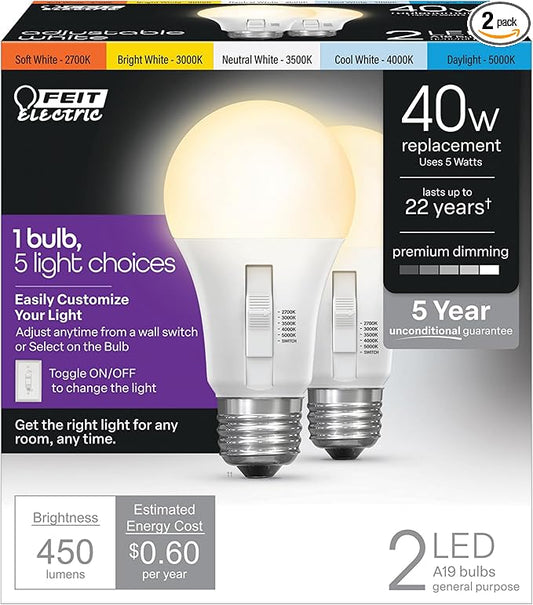 Feit Electric A19 LED Light Bulb, 40W Equivalent, Dimmable, Color Selectable 6-Way, 5CCT, E26 Medium Base, 90 CRI, 450 Lumens, Damp Rated Lightbulb, 22 Year Lifetime, OM40DM/6WYCA/2, 2 Pack