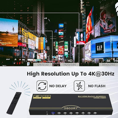 DGODRT 8×1 HDMI Switch 8 in 1 Out, 8 Port 4K HDMI Switcher Selector Box with IR Remote Control, Support 4K@30Hz Ultra HDR HDCP 3D 1080P for Xbox PS4 PC Laptop