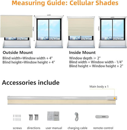 Motorized Cellular Shades Cordless Blackout Rechargeable Window Shades with Remote for Privacy Protection Smart Home Electric Curtains Automatic Honeycomb Blinds for Windows, 27" x 48", Beige