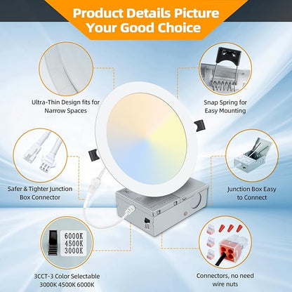 2 Pack 8 Inch LED Recessed Light- Ultra-Thin Recessed Ceiling Lighting with Junction Box, 3000K/4500K/6000K Selectable, 1800LM High Brightness, Dimmable Canless Downlight Fixtures