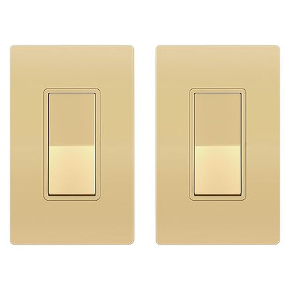 ENERLITES Elite Series Decorator Switch with Screwless Wall Plate, Paddle Light Switch, Single Pole, 3 Wire, Grounding Screw, Residential Grade, 15A 120V, UL Listed, 91150-GDWP2P, Gold Color (2 Pack)