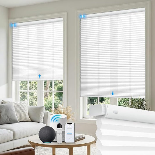 Motorized No Drill Cordless Cellular Shades, 1.5" Smart Electric Honeycomb Blind with Remote Control, Automatic No Drill Cellular Shades for Home and Office Indoor Window, Light Filtering White