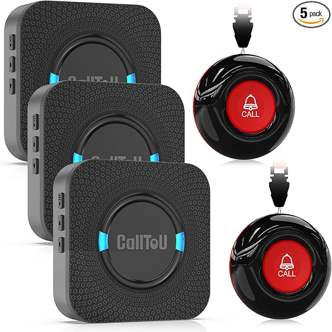 CallToU Caregiver Pager Wireless Call Bell Alert Button for Seniors/Elderly/Patients 3 Plugin Receiver 2 Waterproof Transmitter