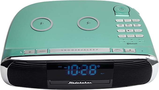 Studebaker Workstaton HiFi Music System with Bluetooth, FM Radio, CD, and Qi Wireless Charging Station (Teal)