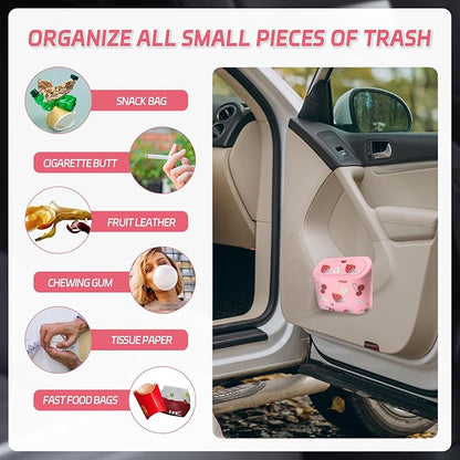 Mini Car Trash Can with Lid – Cute Strawberry Pink Trash Can for Women with 5 Bags, Girly Automotive Organizer for Front and Back Seat, Car Accessories for Teen Girls, SUV, Truck, Sedan