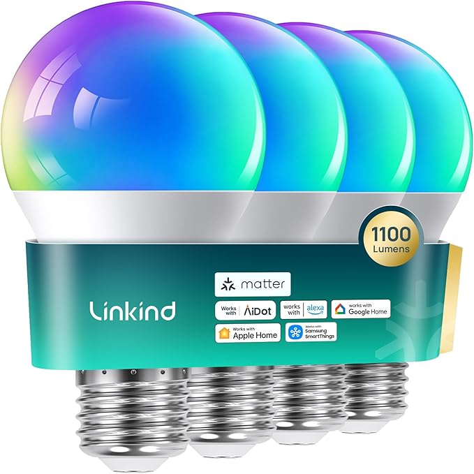 Linkind Matter Smart Light Bulbs 1100LM (75W Equivalent) 4Pack Bundle Matter Smart Light Bulbs 800LM (60W Equivalent) 4Pack (Compatible with Alexa/Apple Home/Siri/Google Home/SmartThings)