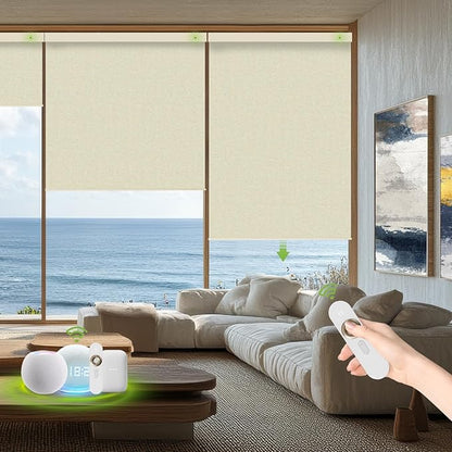 Motorized Blinds with Remote，100% Blackout Smart Blinds Motorized Roller Shades Compatible with Alexa Automatic Blinds for Windows Electric Window Blinds Customized Size Lvory Noir