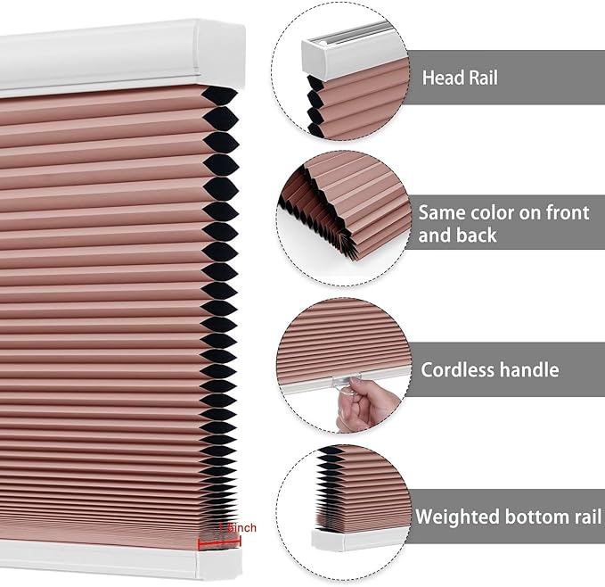 Changshade Cellular Shades Blackout Cordless Custom Size, Honeycomb Indoor Window Blinds Room Darkening 1.5 inch Cell Pleated Easy to Install for Home, Office, Bedroom, Nursey, Pink