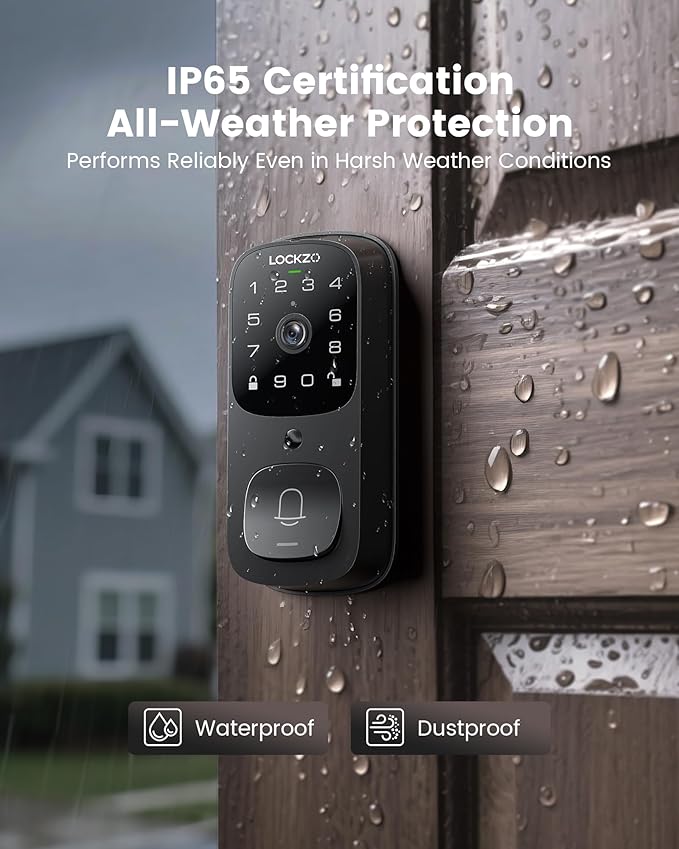 Lockzo Smart Lock with Camera, 3-in-1 WiFi Doorbell Keyless Entry Door Lock, Deadbolt Lock for Front Door, Fingerprint, Keypad Code, App Control, IP65 Waterproof, BHMA, Support Alexa&Google Assistant