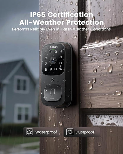 Lockzo Smart Lock with Camera, 3-in-1 WiFi Doorbell Keyless Entry Door Lock, Deadbolt Lock for Front Door, Fingerprint, Keypad Code, App Control, IP65 Waterproof, BHMA, Support Alexa&Google Assistant