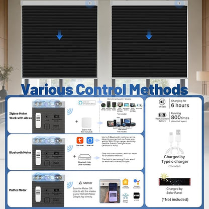 Motorized Cellular Shades with Remote, Blackout Smart Cellular Shades Compatible with Alexa, Cordless Honeycomb Window Blinds for Bedroom Home Office, Custom Size, Blackout Black