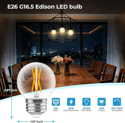 GvvooHome E26 G16.5 Edison LED Bulb, Dimmable 6W 60W Equivalent, 2700K Warm White, Round Globe Bulbs for Chandeliers, Ceiling Fan, Vanity & Pendant Lights, 90+ CRI, 600LM, 6 Pack